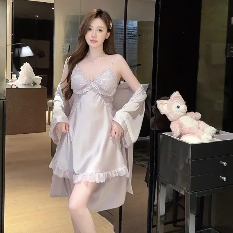 

Twinset Lace Sleepwear Nightgown Kimono Bathrobe Suit Women Robe Set Summer Silky Satin Nightwear Dressing Gown Loungewear