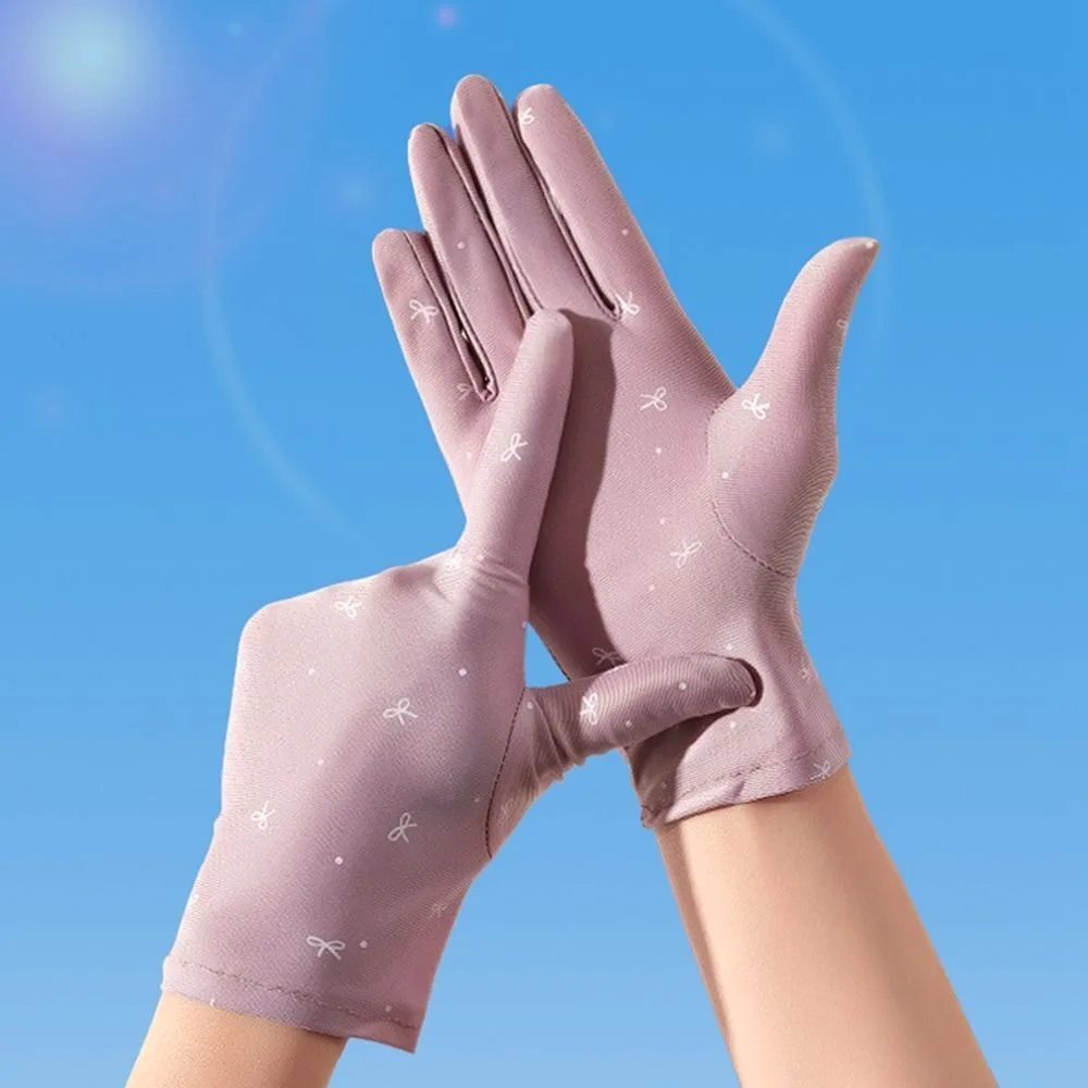 Ultra-thin Sunscreen Gloves Breathable Anti-slip Touch Mittens Bow Pattern Driving Gloves Cold Silk Outdoor Sports Gloves