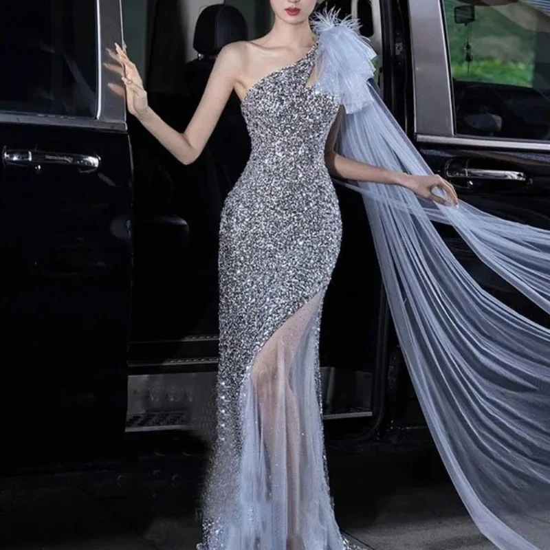 Elegant Mermaid Evening Dresses for Women Luxury Formal Long Party Dress Cocktail Wedding Dress With Sequins One Shoulder Dress