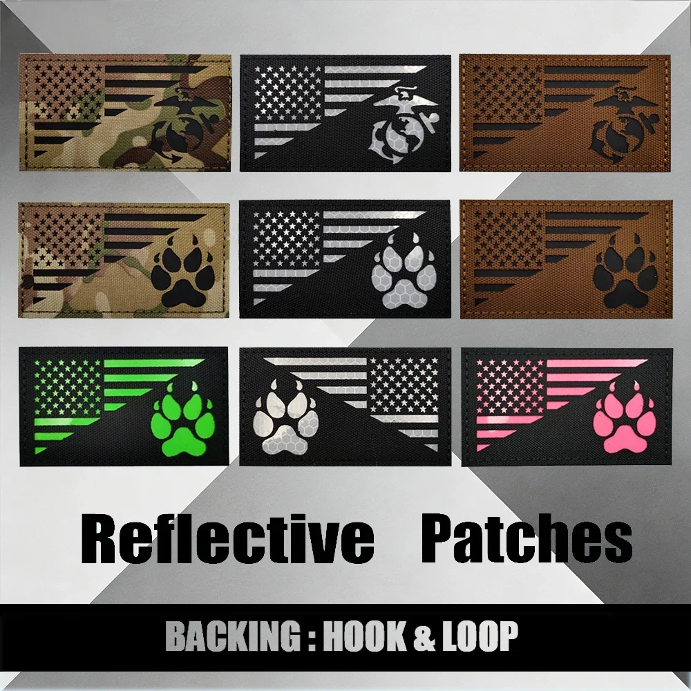 

Светоотражающая нашивка с изображением американского флага и тактической собачьей лапы на липучке для ношения на плече или как аксессуар для куртки, для ночного использования.