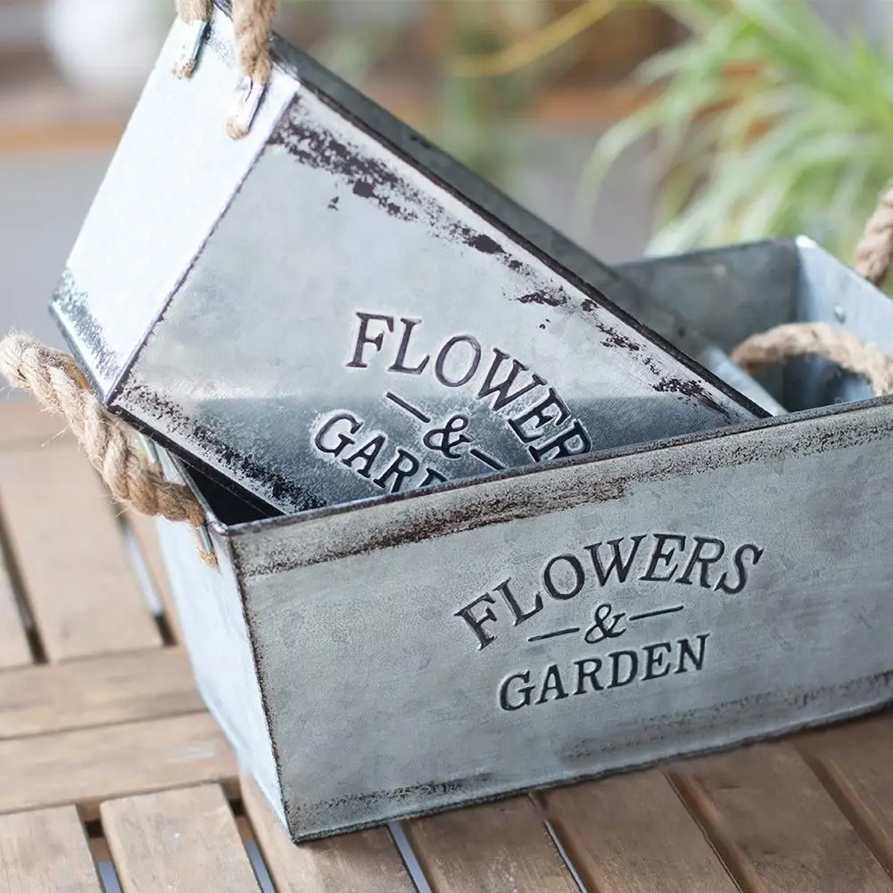 Flowerpot Retro Letter Printing Iron Plant Pot Bonsai Flower Succulent Plant Flower Pot Home Garden Decor Planter Flower Baskets