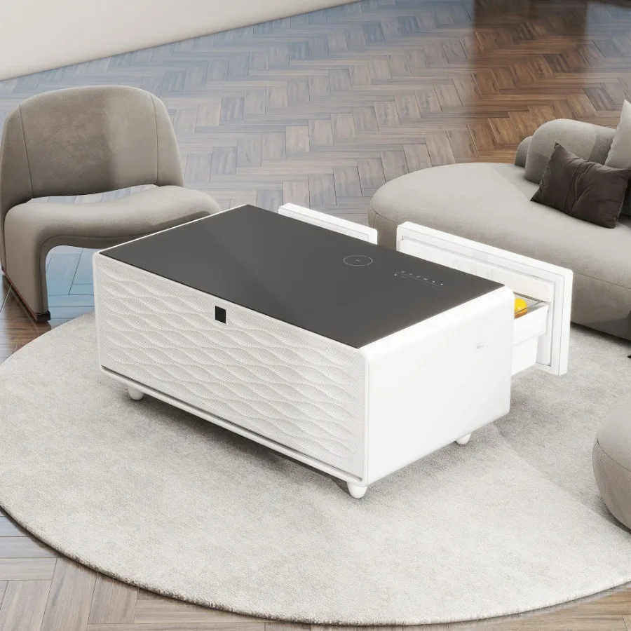 Modern Smart Coffee Table with Built-in Fridge Bluetooth Speaker Wireless Charging Touch Control Panel USB Ports Outlet Protect