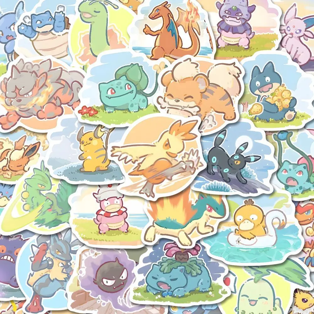 63pcs Cute Anime Pokemon Stickers Kawaii Pikachu Eevee Cartoon Decals DIY Laptop Car Skateboard Cool Kids Sticker Toys