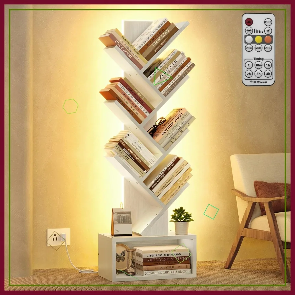

6-уровневая книжная полка в виде дерева со светодиодной подсветкой и ящиком, отдельно стоящая полка для хранения для домашнего офиса, гостиной белого цвета
