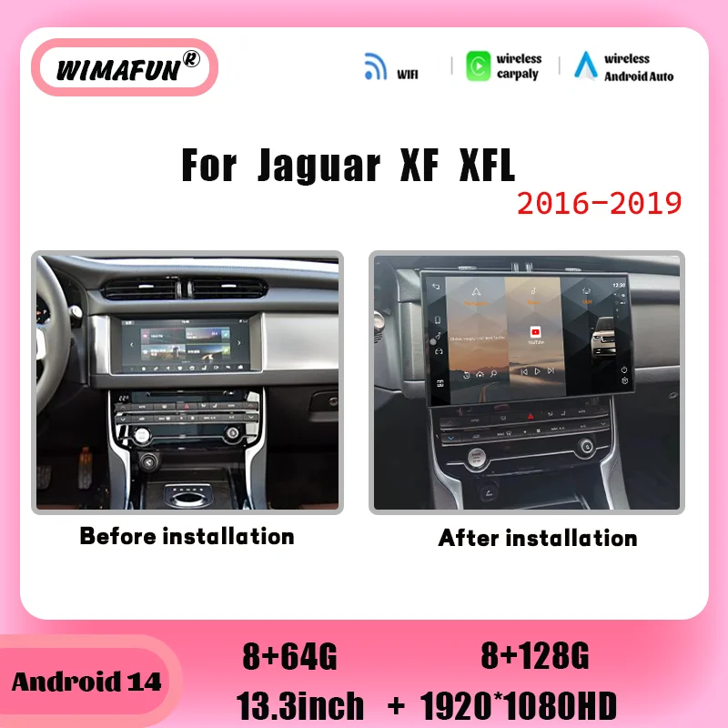 13.3inch Android 14 GPS Navigation Radio Multimedia Player for Jaguar XF/XFL/X260 2016-2019 with Carplay Retains Original Car Me