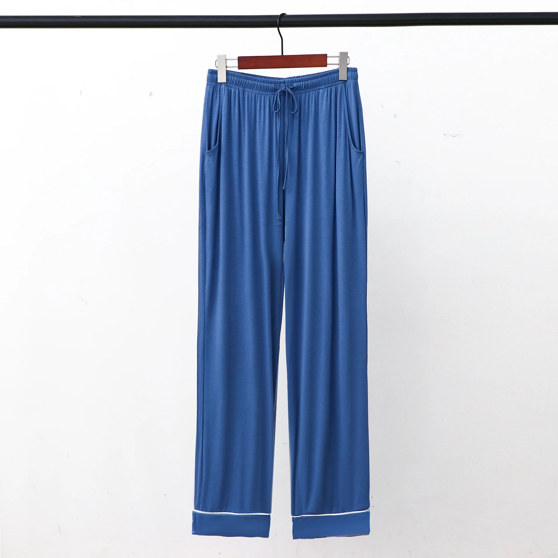 Pantalones de pijama largos de Modal para hombre, ropa de dormir azul, pantalones de salón suaves, ropa de dormir lisa, ropa de casa suelta, 3XL