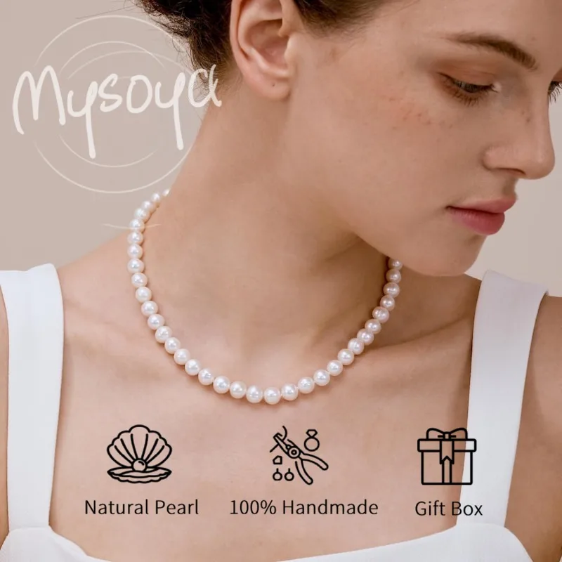 MYSOYA 8-9 مللي متر قلادة لؤلؤ المياه العذبة قلادة لؤلؤ الزفاف مع صندوق هدايا لها/عيد ميلادها/الزفاف/عيد الميلاد/هدية السنة الجديدة