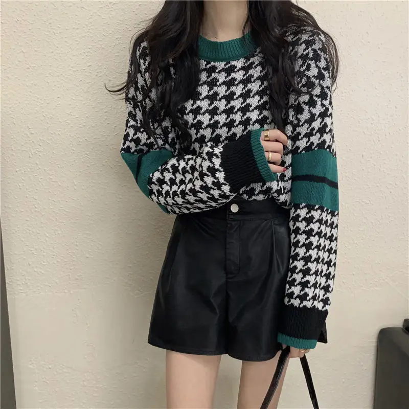 Autumn Winter Korean Fashion Patchwork Long Sleeve Knitwear Women Simplicity Office Lady Sweater All-match Casual Knitting Tops