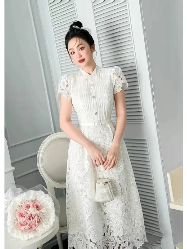 JAMERARY Runway 2024 Summer Flower Embroidery White Lace Evening Prom Holiday Dress Women Short Sleeve Pearls Bow Bead Vestidos