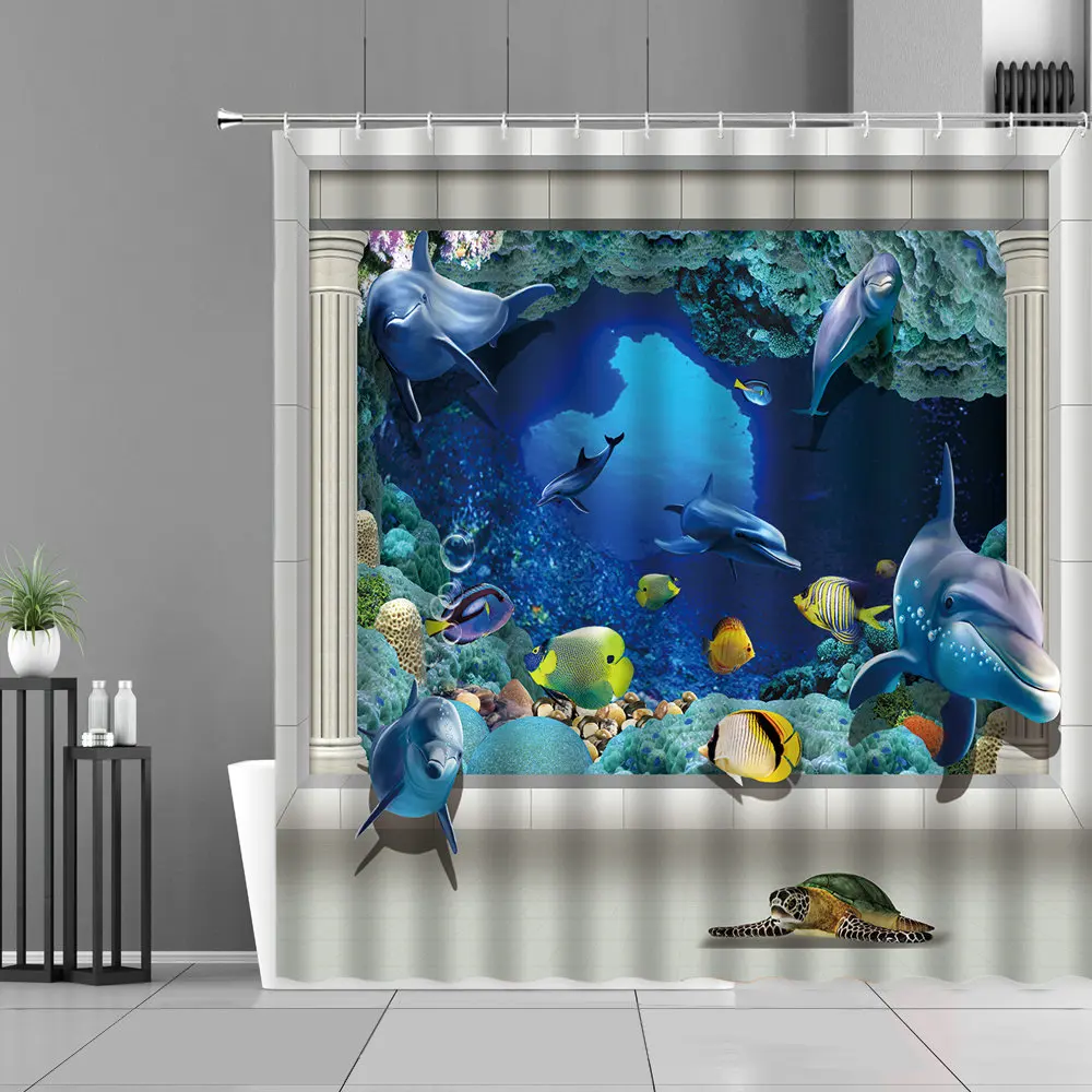 Animal Shark Tropical Fish Ocean Scenery Shower Curtain Set Waterproof Underwater World Bathroom Screen