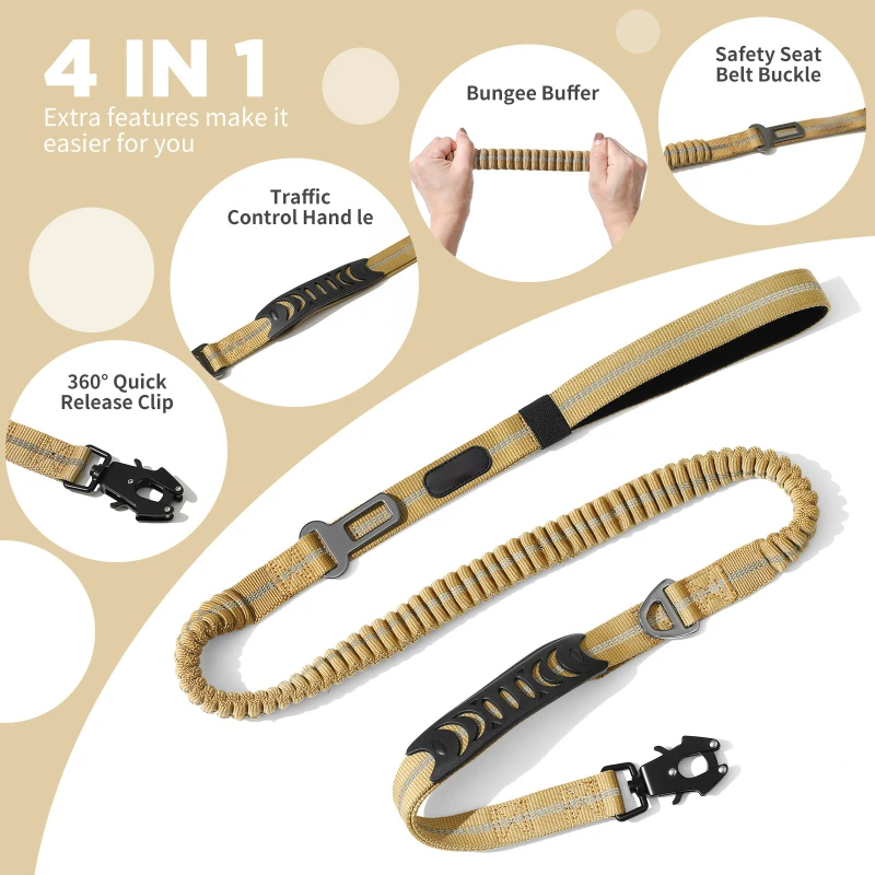 Heavy Duty Dog Leash with Elastic Bungee for Medium and Large Dogs, Shock Absorption, Safety Clip Included