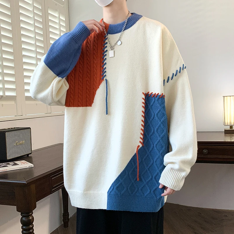 Warm Knitted Patchwork Sweaters Men Autumn Winter Fashion O Neck Knit Pullovers Korean Streetwear Casual Pullover Sweater Male