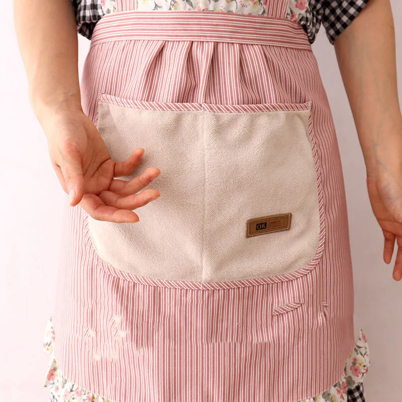 Adult Korean version of canvas kitchen household cooking anti-fouling household vertical stripes floral princess apron batch