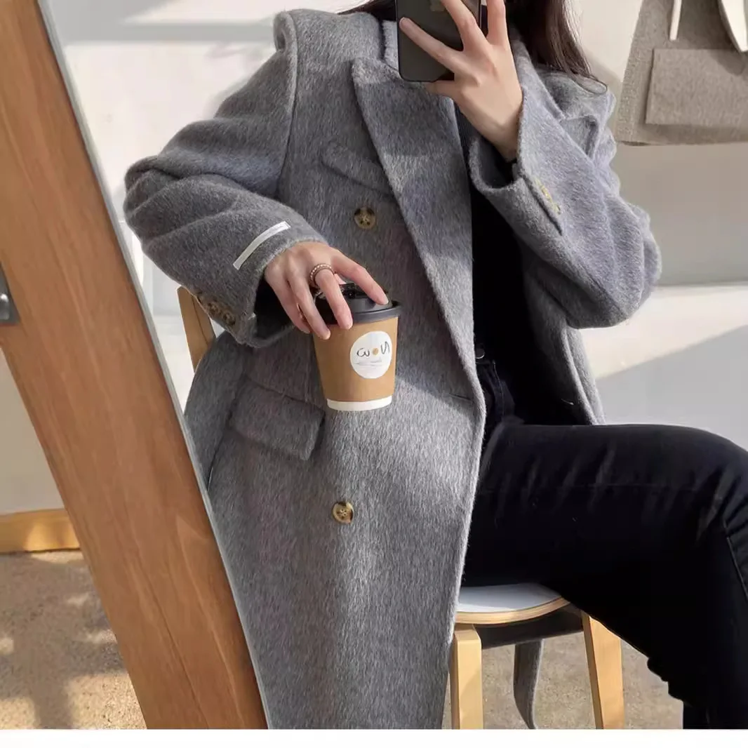 [EWQ] Double Breasted Full Sleeve Double-faced Cashmere Coat Temperament Women Long Woolen Coats Winter 2024 Autumn New 16O1857