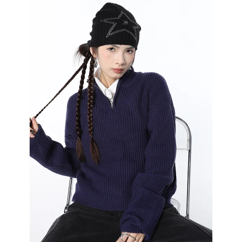 Women Navy Blue Sweater Fashion Vintage Leisure Lazy Wind Loose Winter Female Thicken Warm Long Sleeve Knitting Pullover