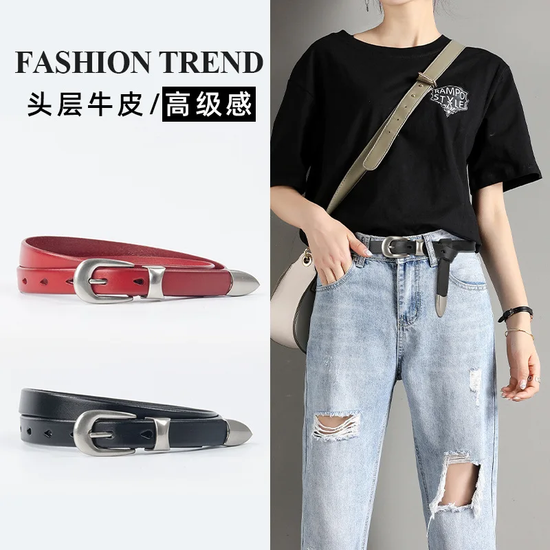 

Vintage Silver Metal Buckle Waist Belt for Women Full Grain Genuine Leather Slim Belt Waistbands Cinturones Para Mujer Ceinture