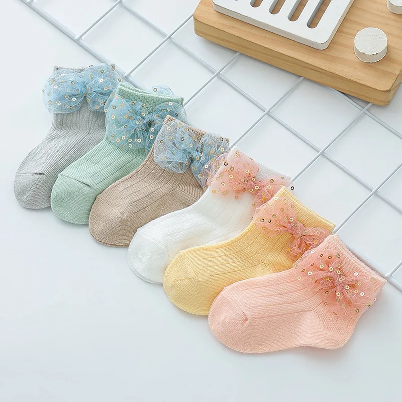 Baby Lace Socks Solid Color Sequins Bow Tie Girls' Princess Sock 2024 New Baby Cotton Sock Spring Summer Girls' Socks