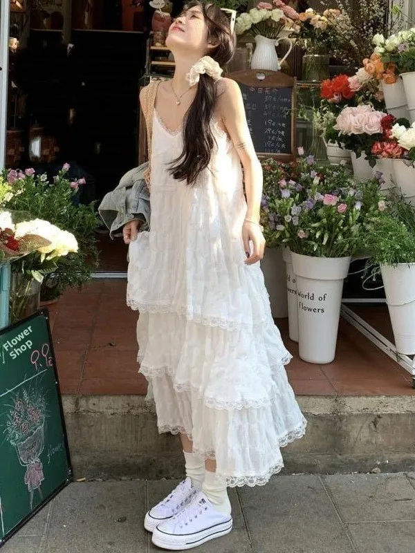 

White Lace Summer Dress Women's Beach Vacation Skirt Style Korean mid Waist H-Shape Standard Fit Casual No Sleeve Dress