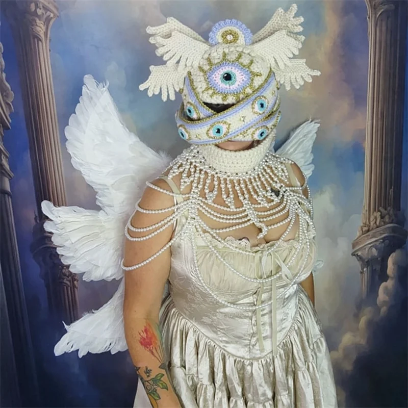 Handmade Crochet Seraph Headdress with All-Seeing Evil Eyes & Angel Wings, Pastel Celestial Occult Statement Hat with Masked Des