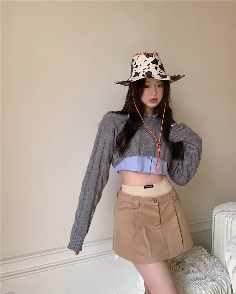 Two Piece Set Gray Sweater and Blue Crop Top Shirt,y2k sexy long sleeve pullover knit twist cropped women autumn 2022 fall slim