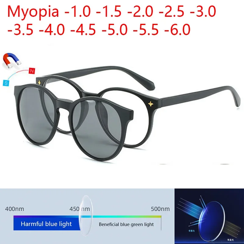 Myopia Glasses Sunglasses Magnet Clip Prescription -0.5 To -10 Round 6 in 1 Frame Blue Ray Blocking Nearsighted Astigmatism