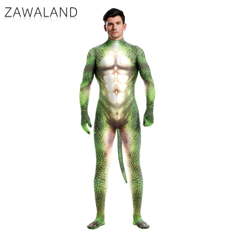 Zawaland Halloween Bodysuits Male Adult Costume With Tail Full Cover Elastic Zentai Suit Cosplay Animal Dragon Print Catsuit