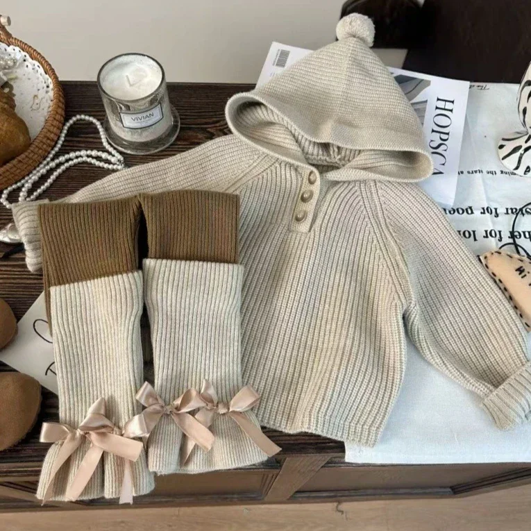 

Girls Suit 2025 Autumn New Children's Clothing Korean Style Girl Baby Hoodie Knitwear Sweater Pile Socks Leggings Two Sets