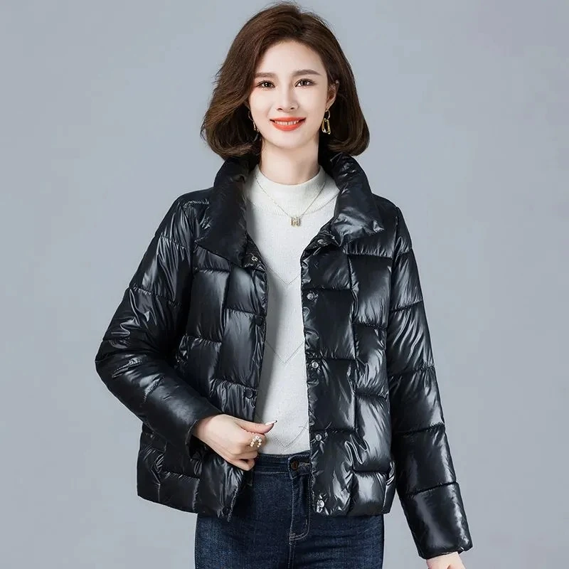 Red Stand collar Down Cotton Jacket Women\'s Short Coat 2024 Winter New Slim cotton Jackets Solid Female casual Outerwear Tops