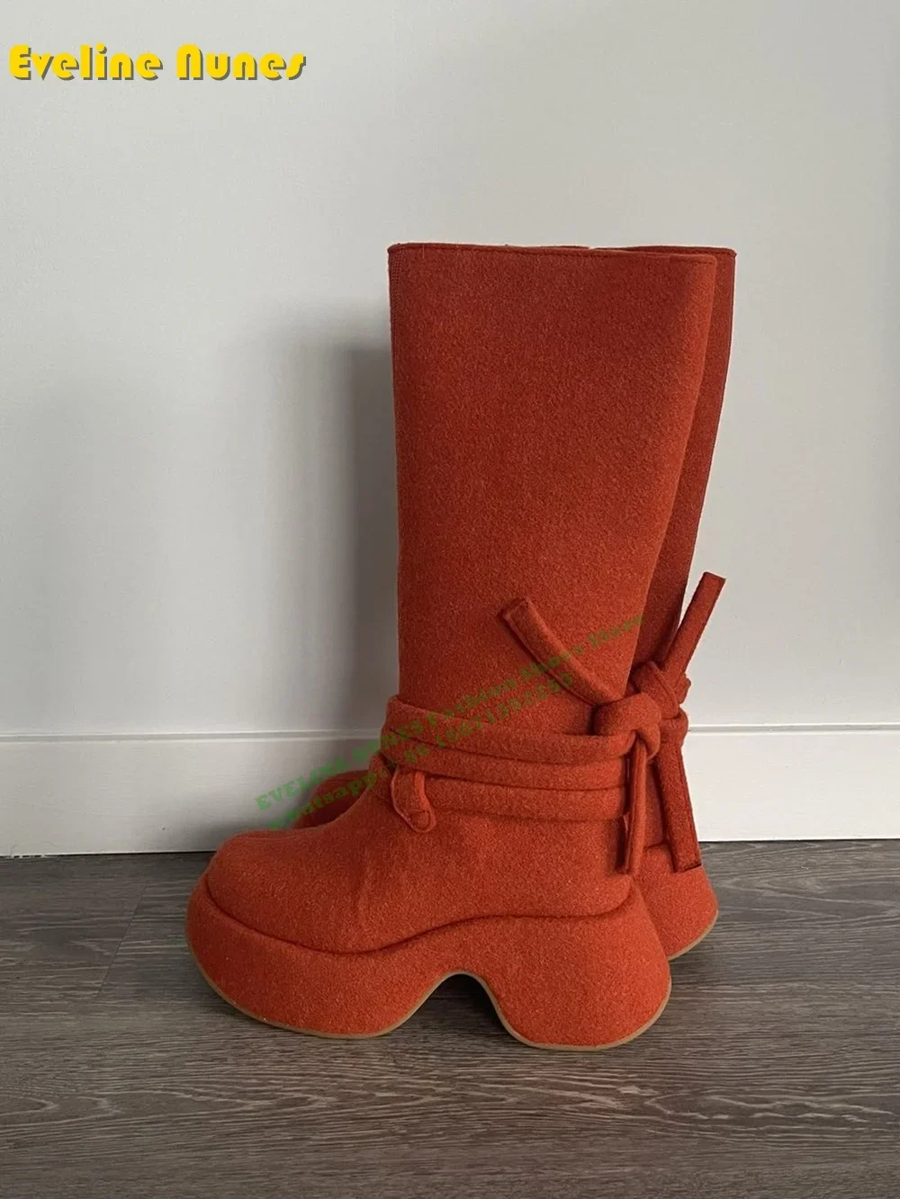 Orange Camper Edition Mid Calf Boots Street Style 2024 Round Toe Thick Sole Cross Tied Large Size Solid Fashion Knee High Boots