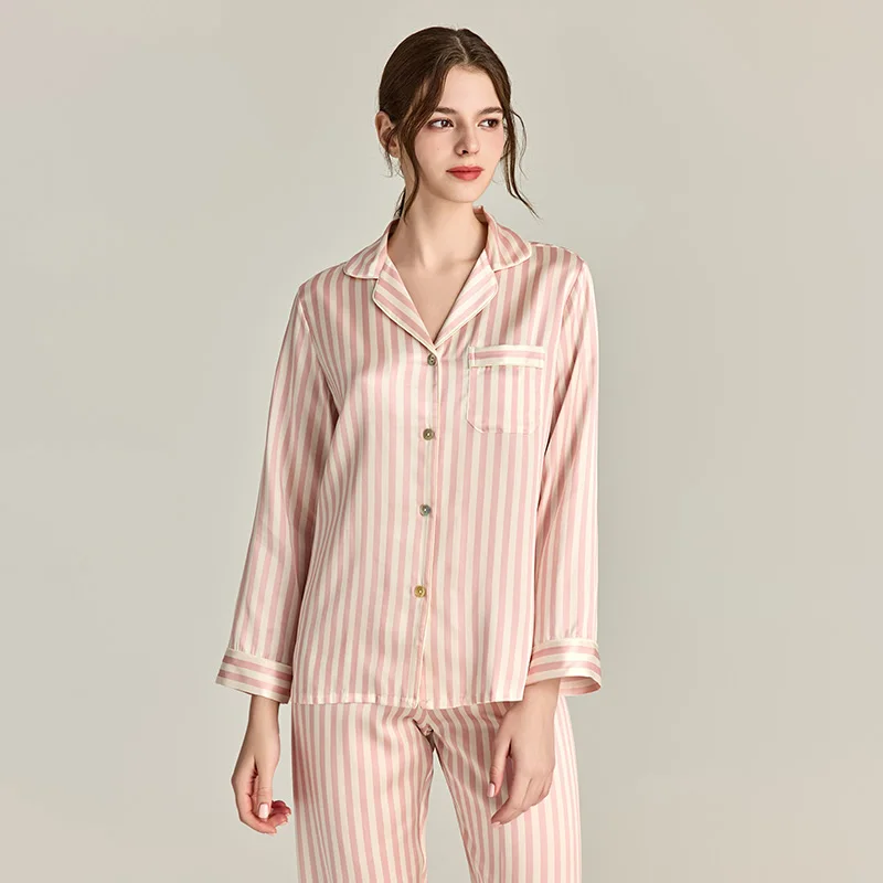

22MM 100% Real Silk Striped Pajama Set Fall Autumn Long Sleeve Pants Pyjamas Outdoor Sleepwear Loungewear Pajamas Two-piece Set