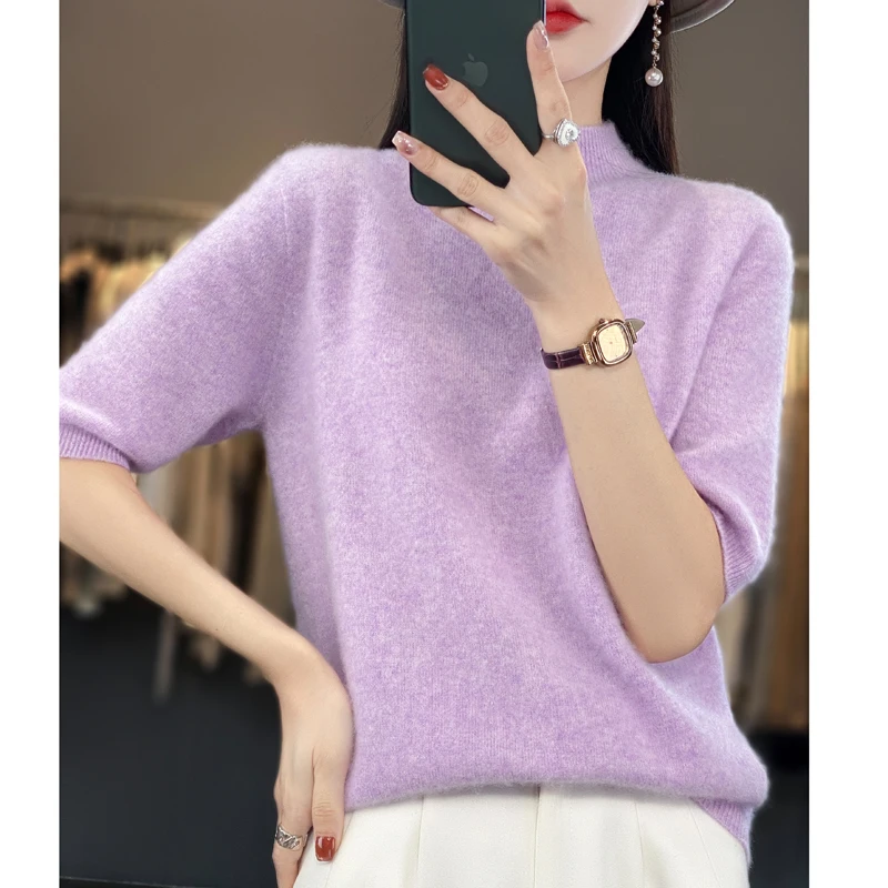 First-line sweater 100% wanita, sweater murni leher semi-turtle lengan pendek longgar untuk perempuan