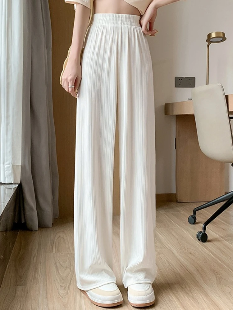 Sommerliche, modische Damen-Hose aus Eisseide mit weitem Bein, dünnem Chiffon, hoher Taille, lockerem Schnitt und geradem Bein für einen schlanken, lässigen Look