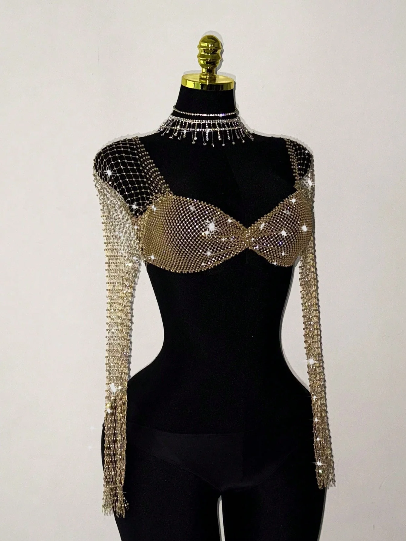 Elegant Rhinestone Mesh Long Sleeve Crop Top For Women Sexy Transparent Hollow Fishnet V Neck T Shirt Rave Beach Party Camisole