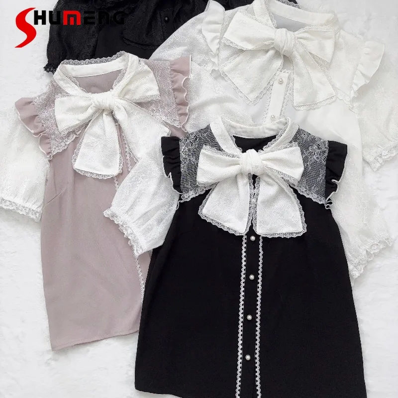 

New Japanese Exquisite Sweet Big Bow Strap Hollow Splicing Lace Short-sleeved Shirt Mass-Produced Mine Series Top Blouse Women