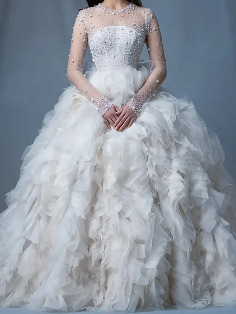 

Elegant O-Neck Lace Pearls Tiered Pleat Ball Gown Bride Wedding Dresses Bridal Gowns Customized