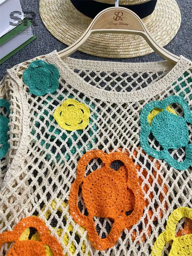 

BabYoung Vacation Flower Beach Mini Dress Women Hollow Out O Neck Embroidery Fashion Ladies Summer Knit Loose Dresses