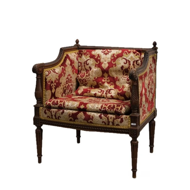 

American classical solid wood single sofa chair, retro carved casual armrest single chair