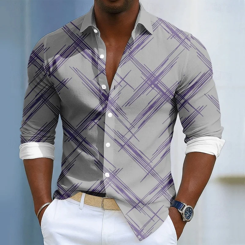 Men's shirt with white background, black diagonal line print, long sleeved shirt, loose collar, trendy casual cardigan shirt