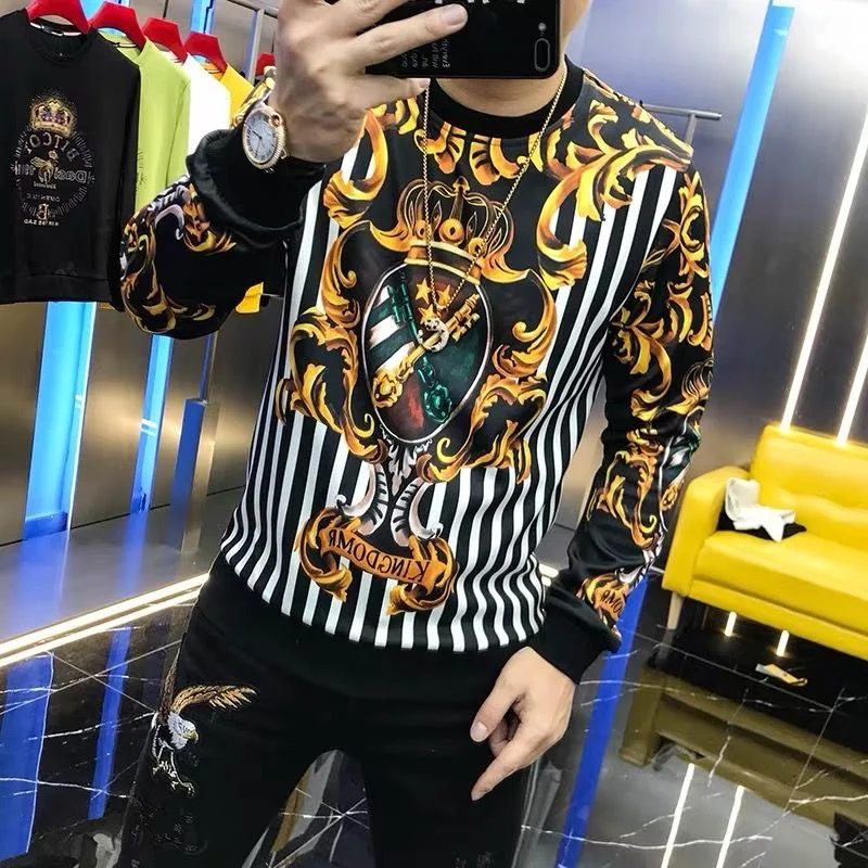 Autumn Men's Sweater Version Trend Slim Personality Digital Printing Fashion Brand Handsome Spirit Young Man Long Sleeve