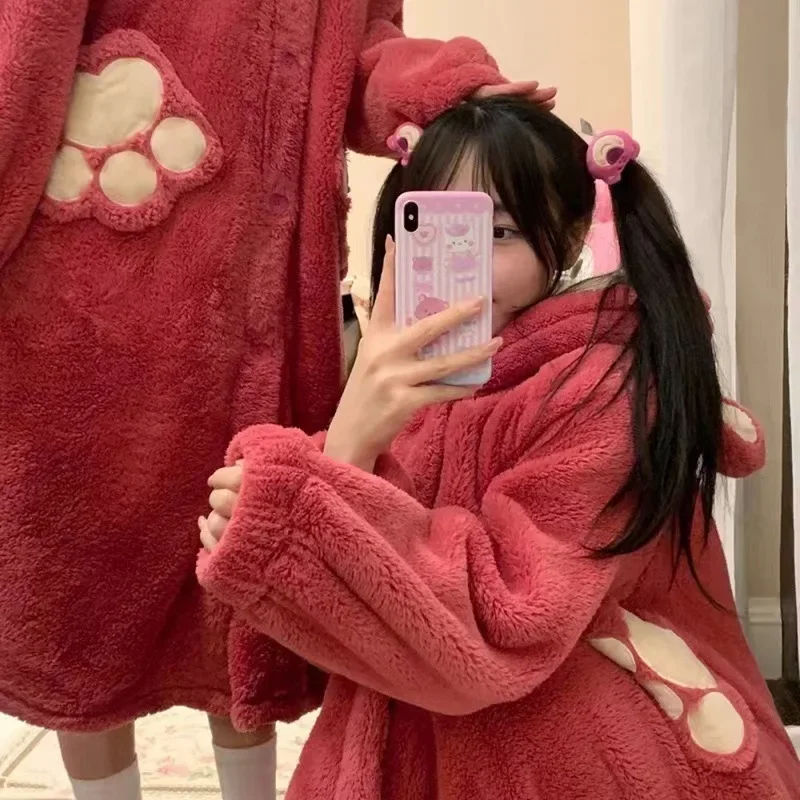 2024 Autumn/Winter New Cute Strawberry Bear Robe Women\'s Thick and Long Warm Coral Velvet Pajama Sleeping Skirt