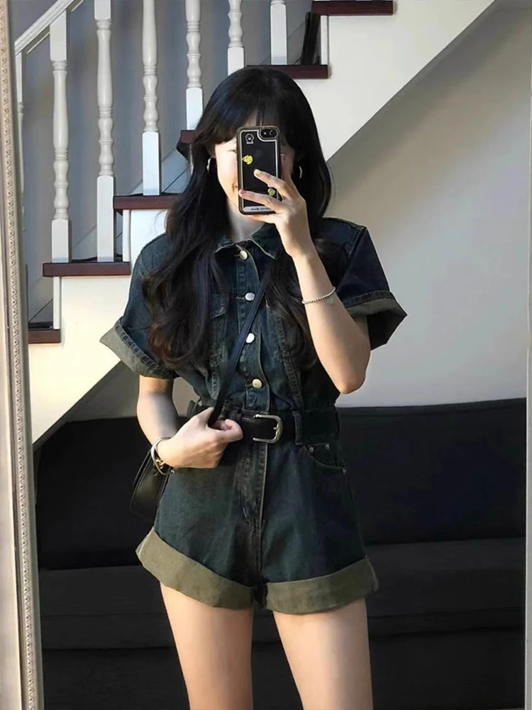 

Retro American Denim Jumpsuit Women's Summer Thin ort Sve Utili Dr orts Waist Cinch Wide Leg Pants High Waist