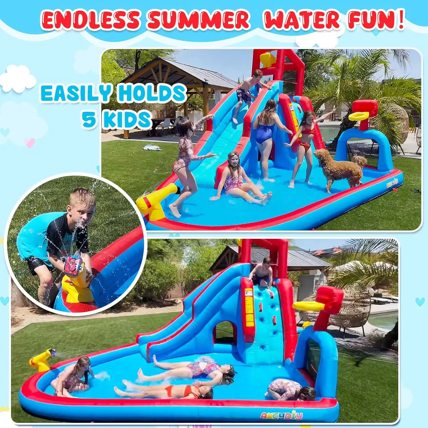 Opblaasbare waterglijbaan voor kinderen in de achtertuin, 14,2 ft waterglijbaan Park Bounce House met groot zwembad, glijbaan, voetbalveld, dumpemmer, obst
