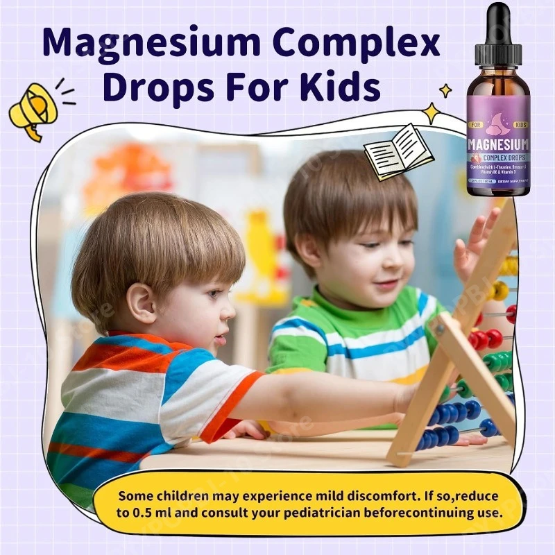 Kids Magnesium Glycinate Liquid Drops with L-theanine Omega-3 Vitamin B6 D3 for Sleep Relaxation 2 Fl Oz Strawberry Flavor