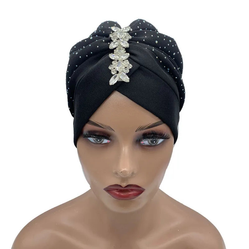 2023 Pleated Turban Cap With Shinny Rhinestone Women Fashion Head Wrap African Auto Gele Headtie Muslim Headscarf Bonnet