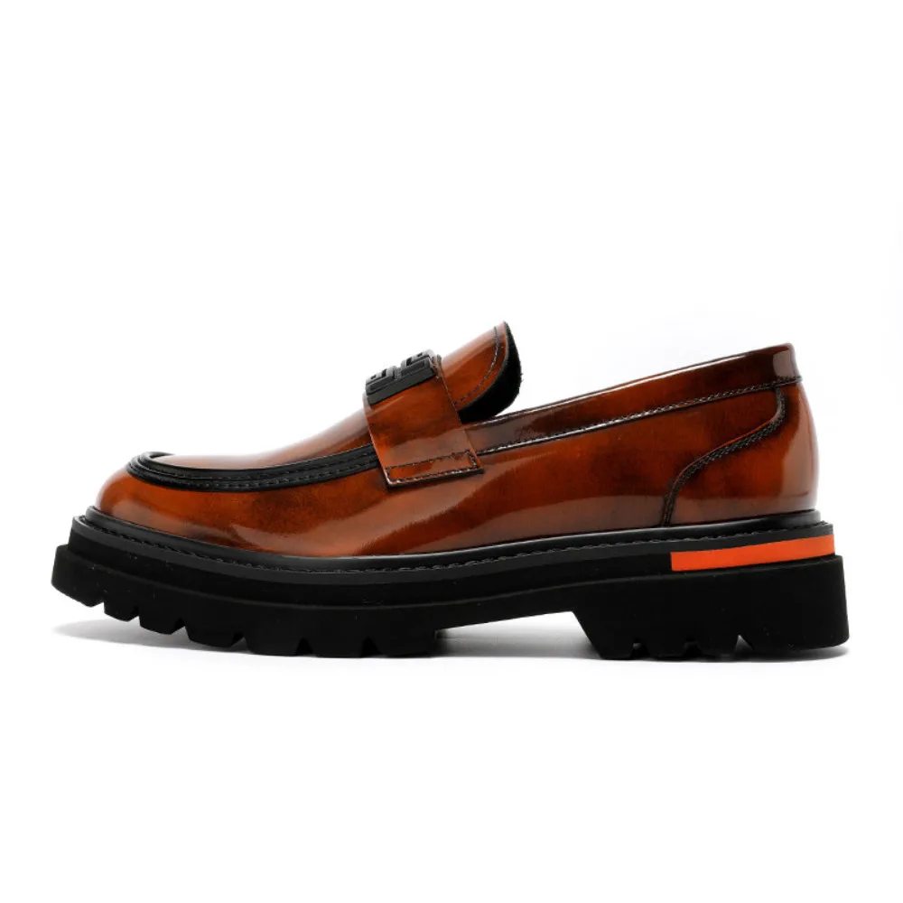 Mens Retro Genuine Leather Thick Soled Height Increasing Loafers British Style Breathable Round Toe Slip On Casual Summer Shoes