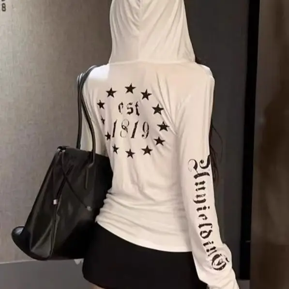 

Американская готическая панк-футболка с буквенным принтом для горячих девушек с капюшоном и длинными рукавами, женская тонкая корейская ретро-мода, индивидуальный повседневный топ