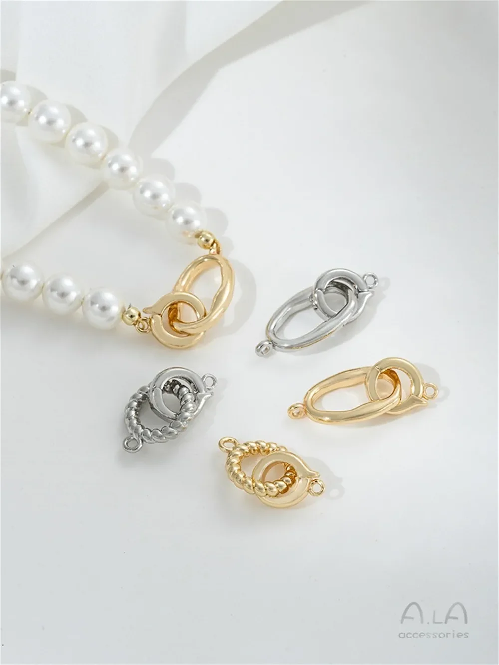 Mini 14K Gold-Filled Special-Shaped Oval Pearl Buckle, Threaded Round Double Ring Buckle, DIY Jewelry Connecting Buckle