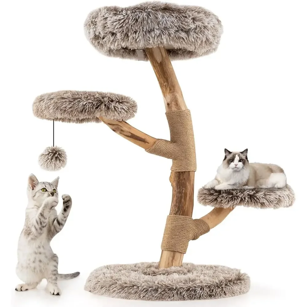 Multi-Level Wooden Cat Tower with Scratching Posts, Cozy Perch, 2 Platforms, Dangling Ball, Plush, and Natural Branch for Kitten