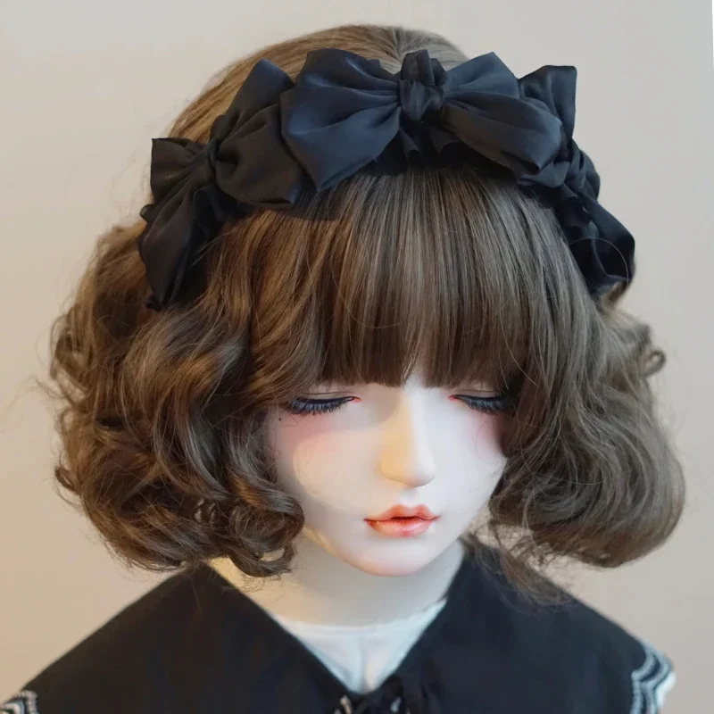 Original handmade satin bow headband headband Japanese and Korean Japanese black ruffle edge to increase cranial top