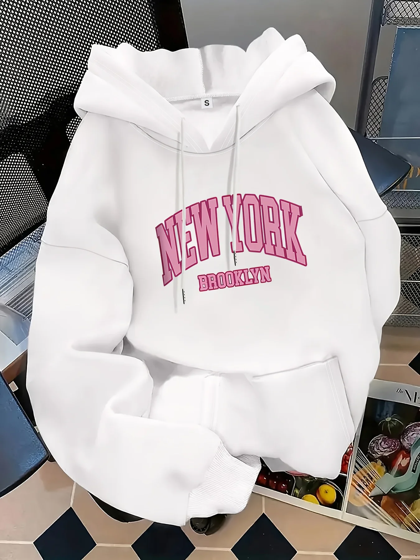 Oversized Hoodie for Women in S Featuring a New York Brooklyn Pop Art Letter Design - a Cozy Pullover for Winter And Fall with a Drawstring Hood, Available in White And Pink, And Machine Washable